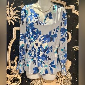 ✨ Blue & Teal Floral Blouse Size S – Counterparts Flowy Peplum Top ✨